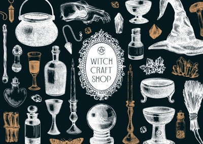 Bohemian style witchcraft background. Vinatge Halloween sketches. Hand-drawn vector illustration. Antique apothecary design on chalkboard. Witchcraft shop banner. NOT AI generated